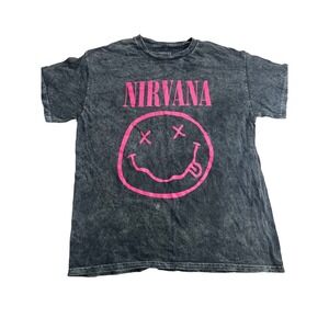 Nirvana Acid Wash Graphic T-Shirt Pink Smiley Face Logo Charcoal Gray Size M